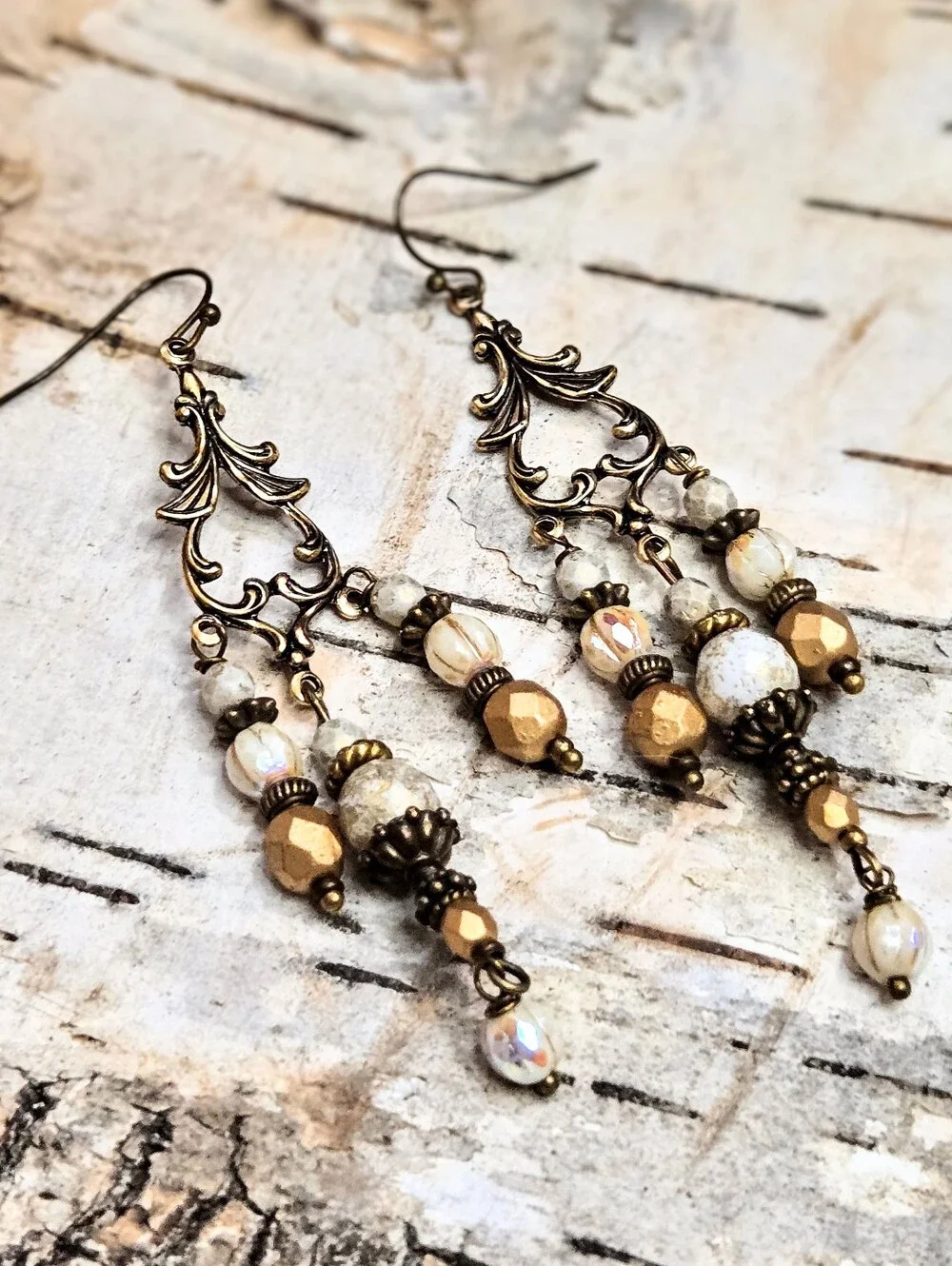 Victorian Rustic White & Etched Gold Glass In Feminine Antique Bronze Earrings